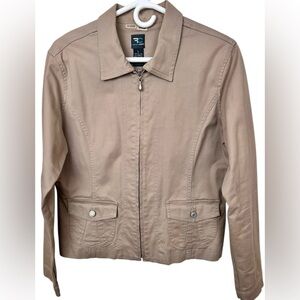 French Cuff cotton tan jacket, Large, zipper closure, collar, structured coat